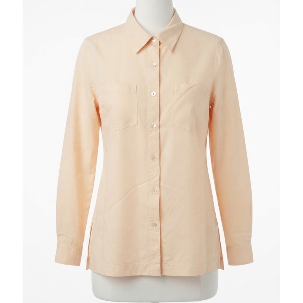 Lizden Cream 100% Silk Button Down Shirt Long Sleeve Pocket Top L Minimalist